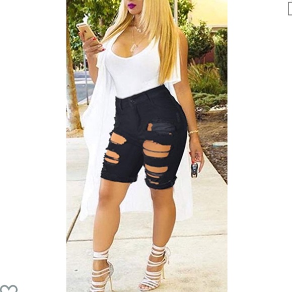 womens black distressed jean shorts